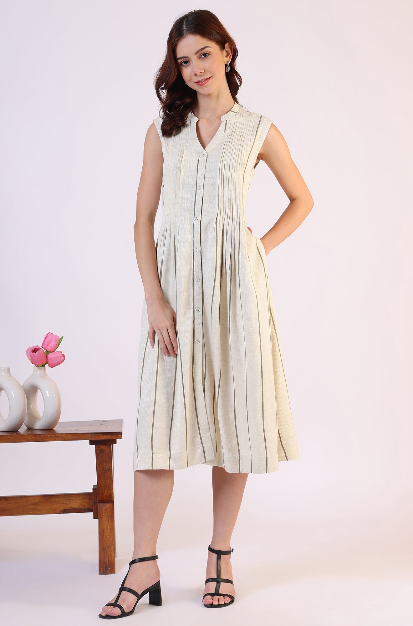 Off -White Striped Cotton Blend Flared Western Dress - Image 7